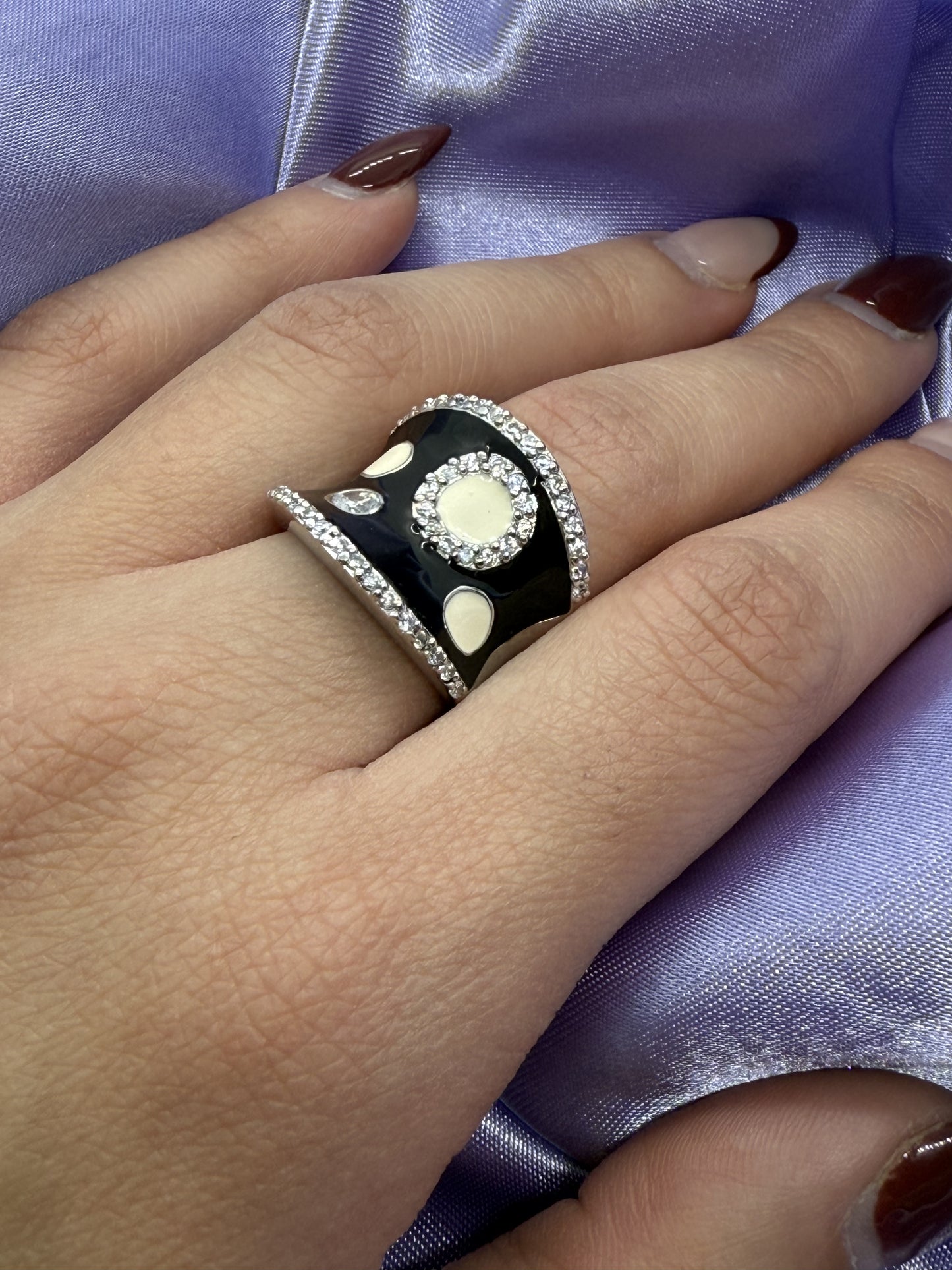 Bold Black Enamel Ring with Sparkling Cubic Zirconia Accents