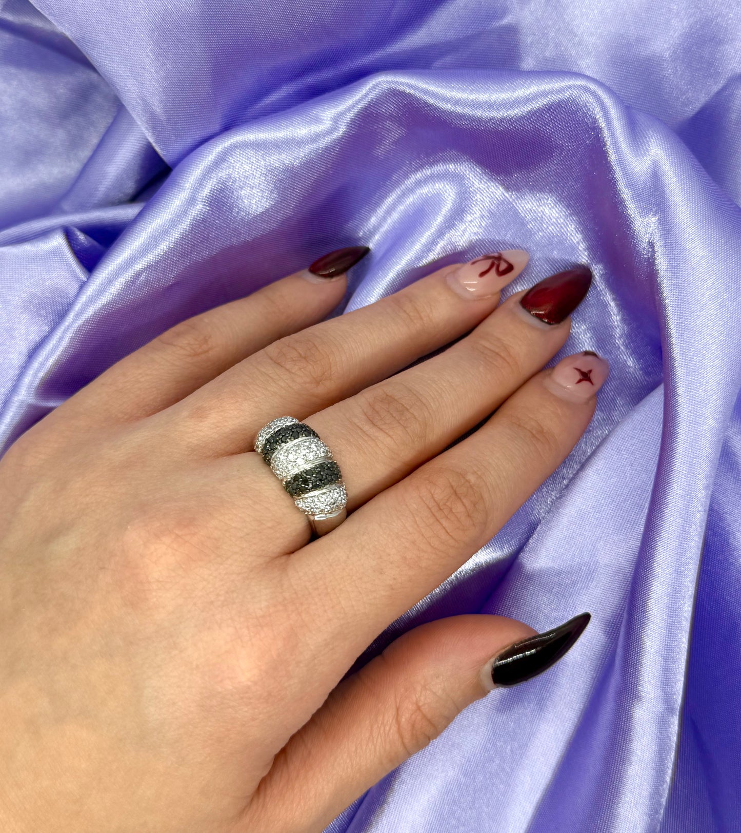 Silver Dome Ring with Black and White Stones