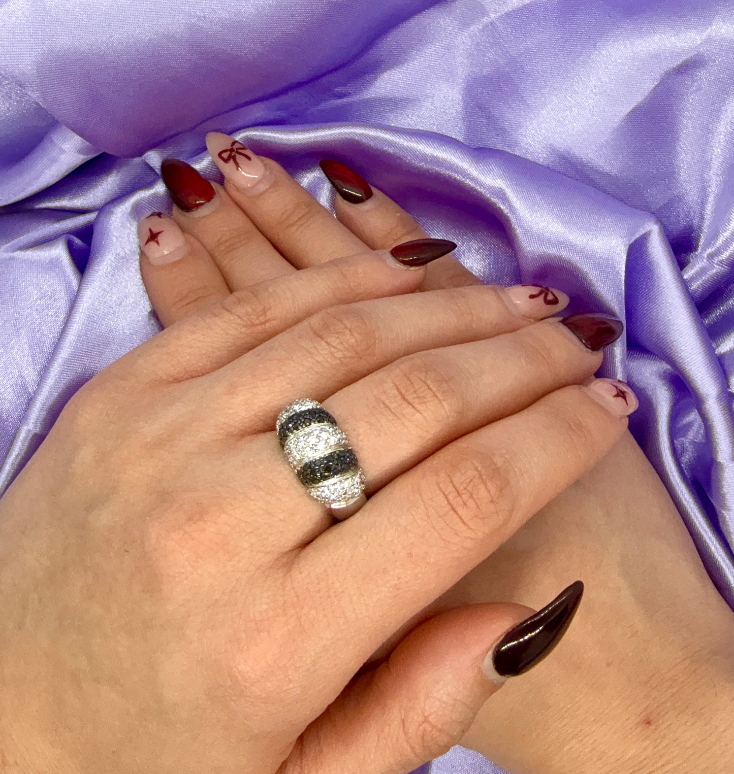 Silver Dome Ring with Black and White Stones