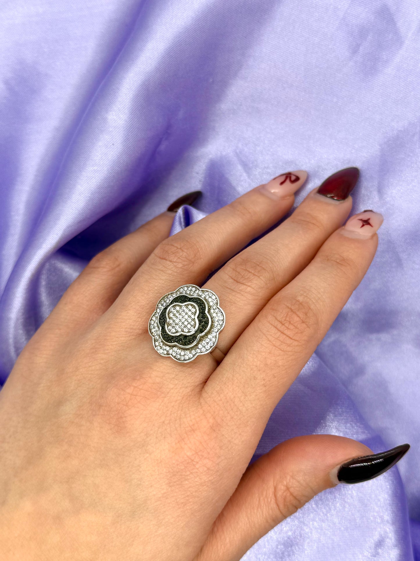 Silver Floral Ring with Black and White Stones