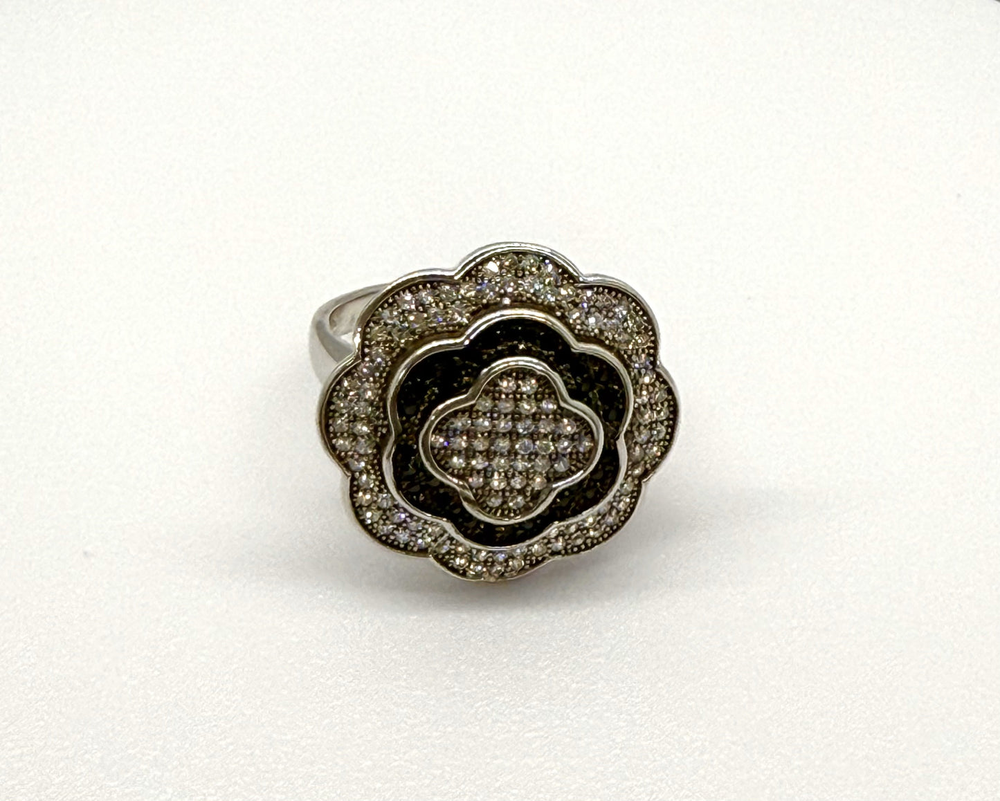 Silver Floral Ring with Black and White Stones
