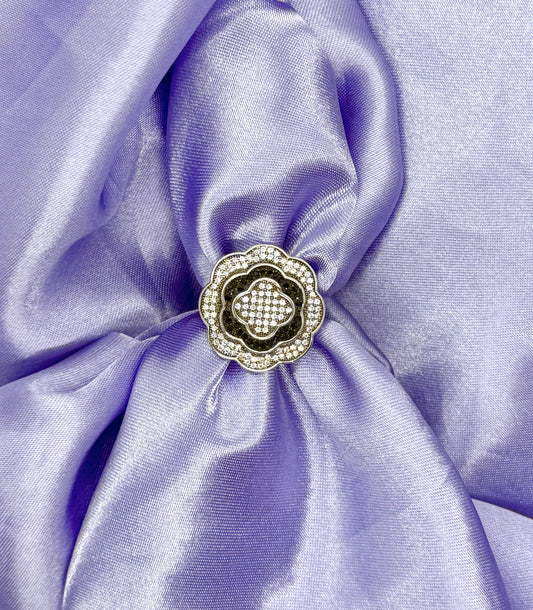 Silver Floral Ring with Black and White Stones